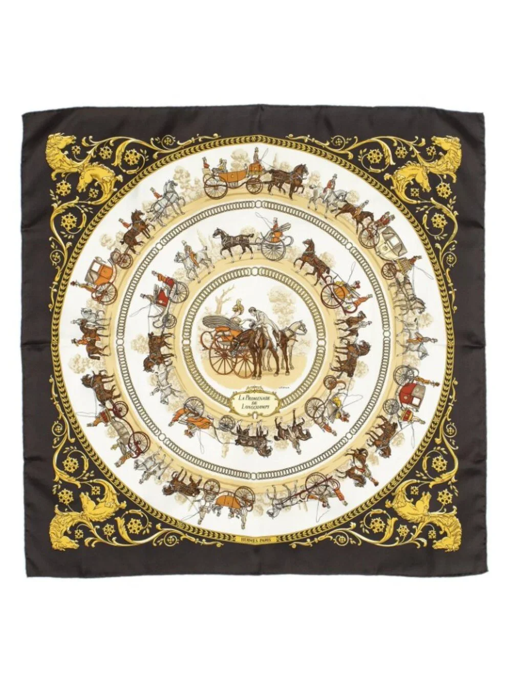 ★SOLD★ Hermes Scarf Dark Brown Beige 100% Gold Twill Silk - Picture 2 of 5